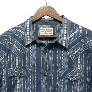 Cody James Western Mens Size XL Blue White Geometric Print Long Sleeve Snap Shir